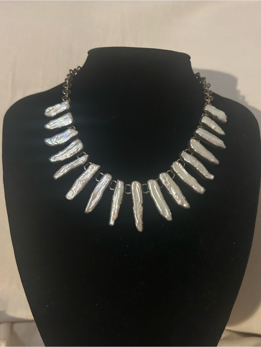 925 Sterling Silver White Biwa Pearl Stick Necklace 17”
